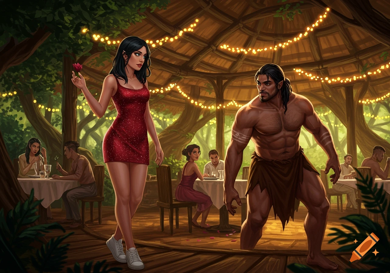 Fantasy art of a woman in a red dress flirting with a muscular man in a loincloth at a romantic treehouse restaurant.