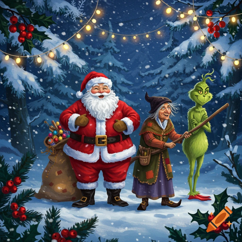 Santa, a witch holding a broom, and the Grinch stand in a snowy forest with string lights and a bag of toys, in an illustrated style.