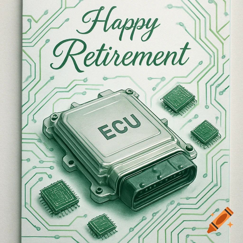 An illustrated retirement card with 'Happy Retirement' text, featuring a silver ECU unit and green microchips on a circuit board background.