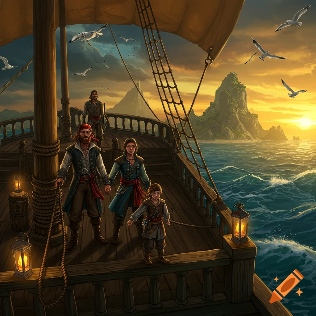 A family of pirates on a wooden ship sailing towards a tropical island at sunset, with seagulls flying overhead.