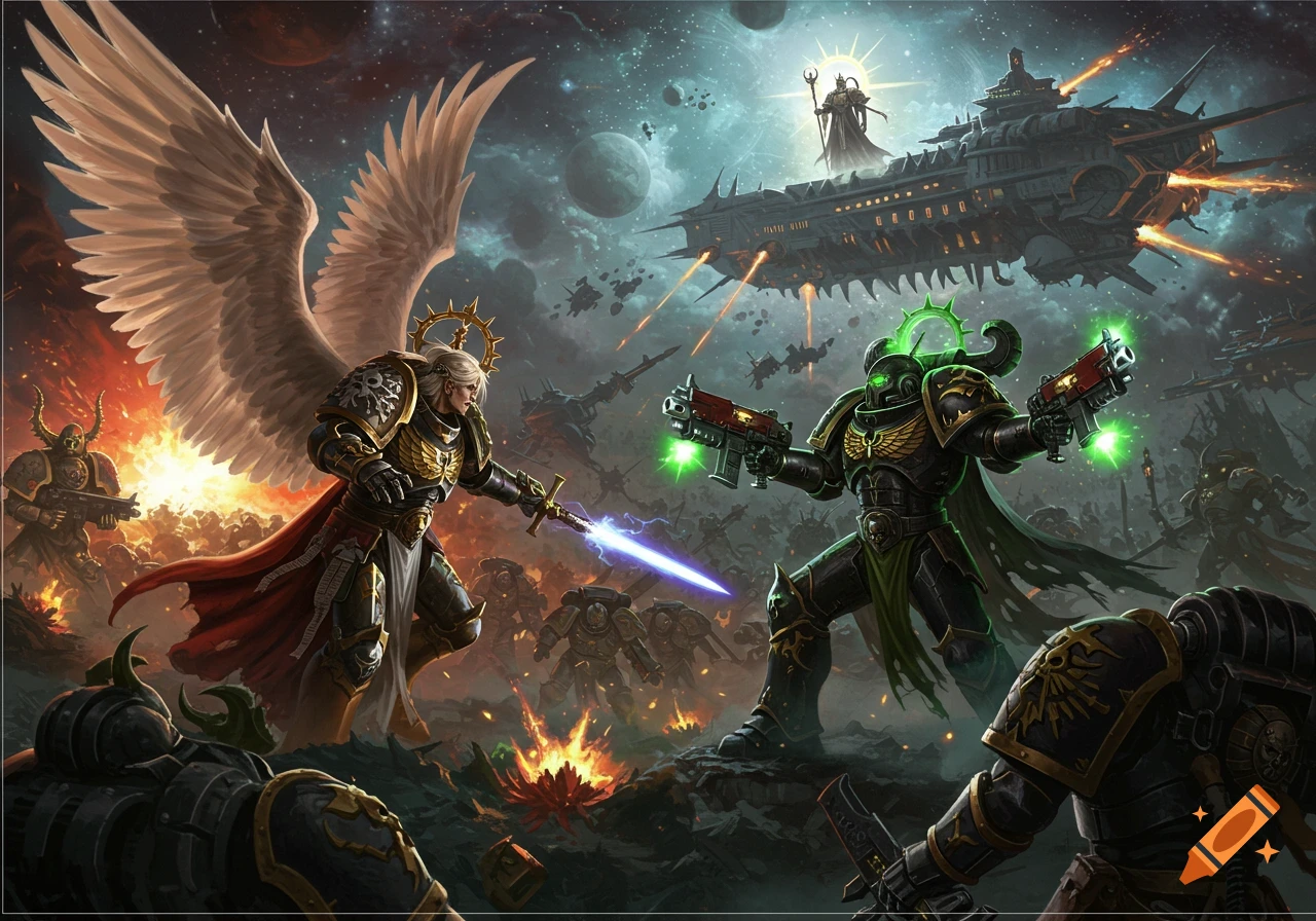 A dramatic Warhammer 40k space battle featuring an angelic winged warrior fighting a green-armored space marine, with an emperor figure overlooking from a massive spaceship.