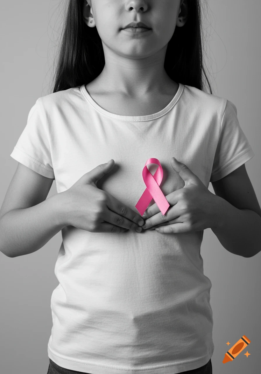 Black and white photo of a girl's torso, her hands cradling a pink breast cancer awareness ribbon on her chest.