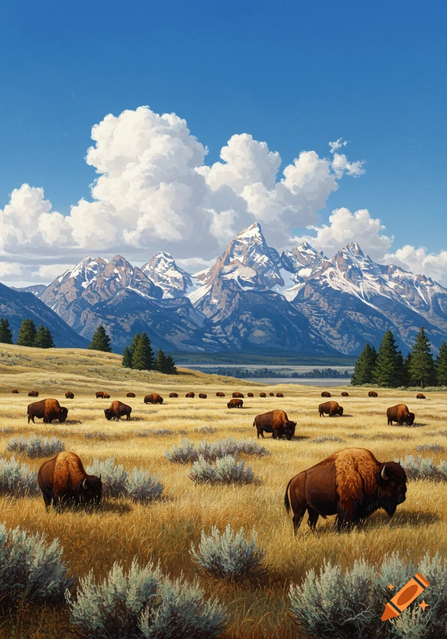 A herd of bison grazes in a golden field with snow-capped mountains and a blue sky overhead, in a painterly style.