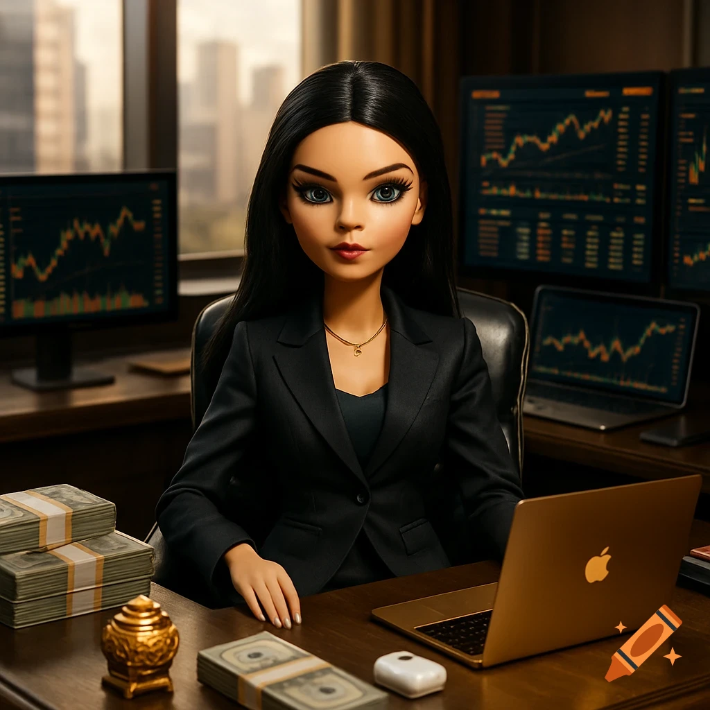 A doll-like woman in a suit at a modern desk with stacks of money, a gold MacBook, and multiple trading screens.