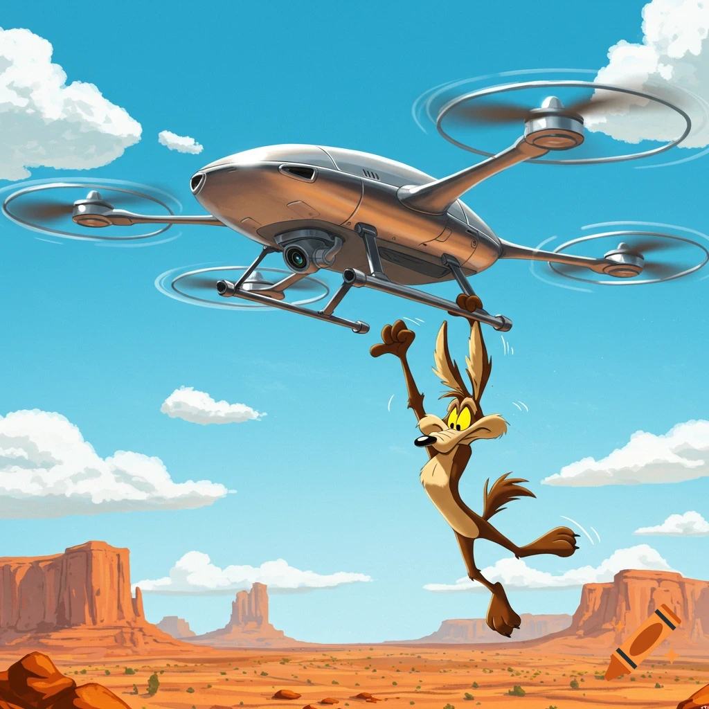 Wile E. Coyote hangs precariously from a sleek silver drone flying over a vast, orange desert landscape with mesas under a bright blue sky.