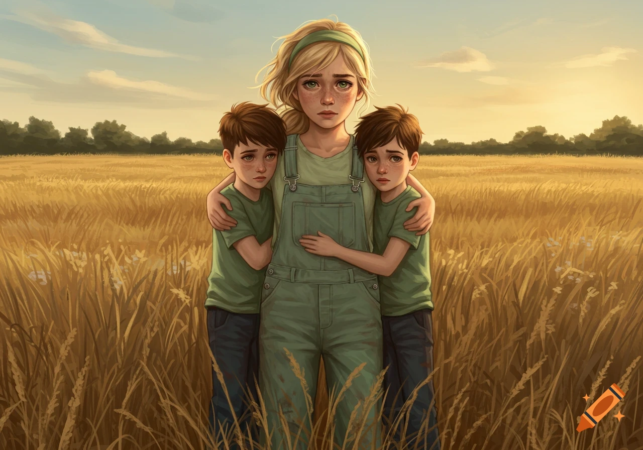 An illustration of a solemn young woman embracing two sad little boys in a golden wheat field.