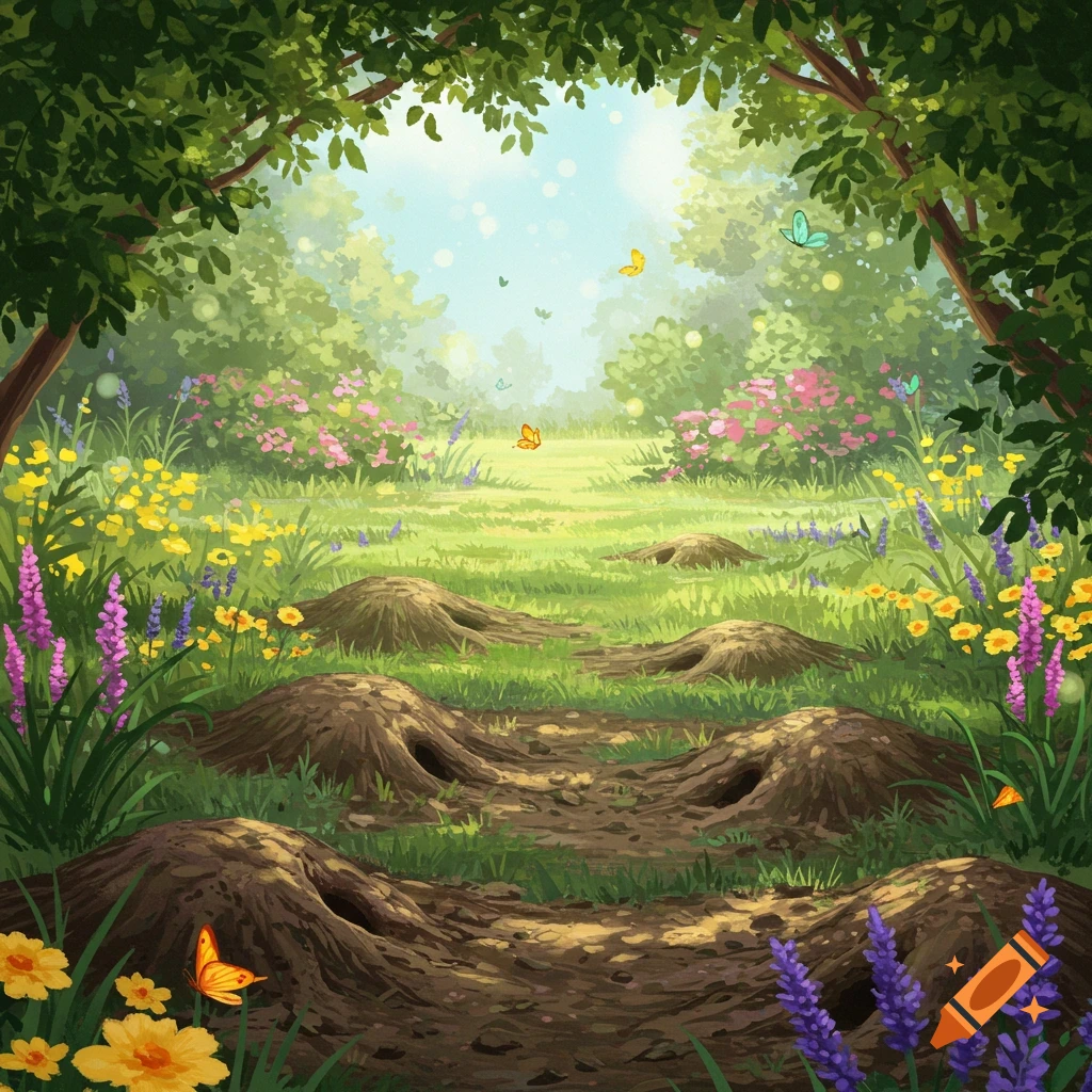 A whimsical, illustrative garden scene with molehills, green grass, colorful flowers, butterflies, and sunlit trees.