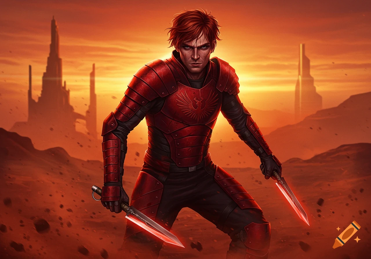 A determined man with red hair in red armored plating holds two glowing red daggers in a barren, orange-hued alien landscape with tall structures.