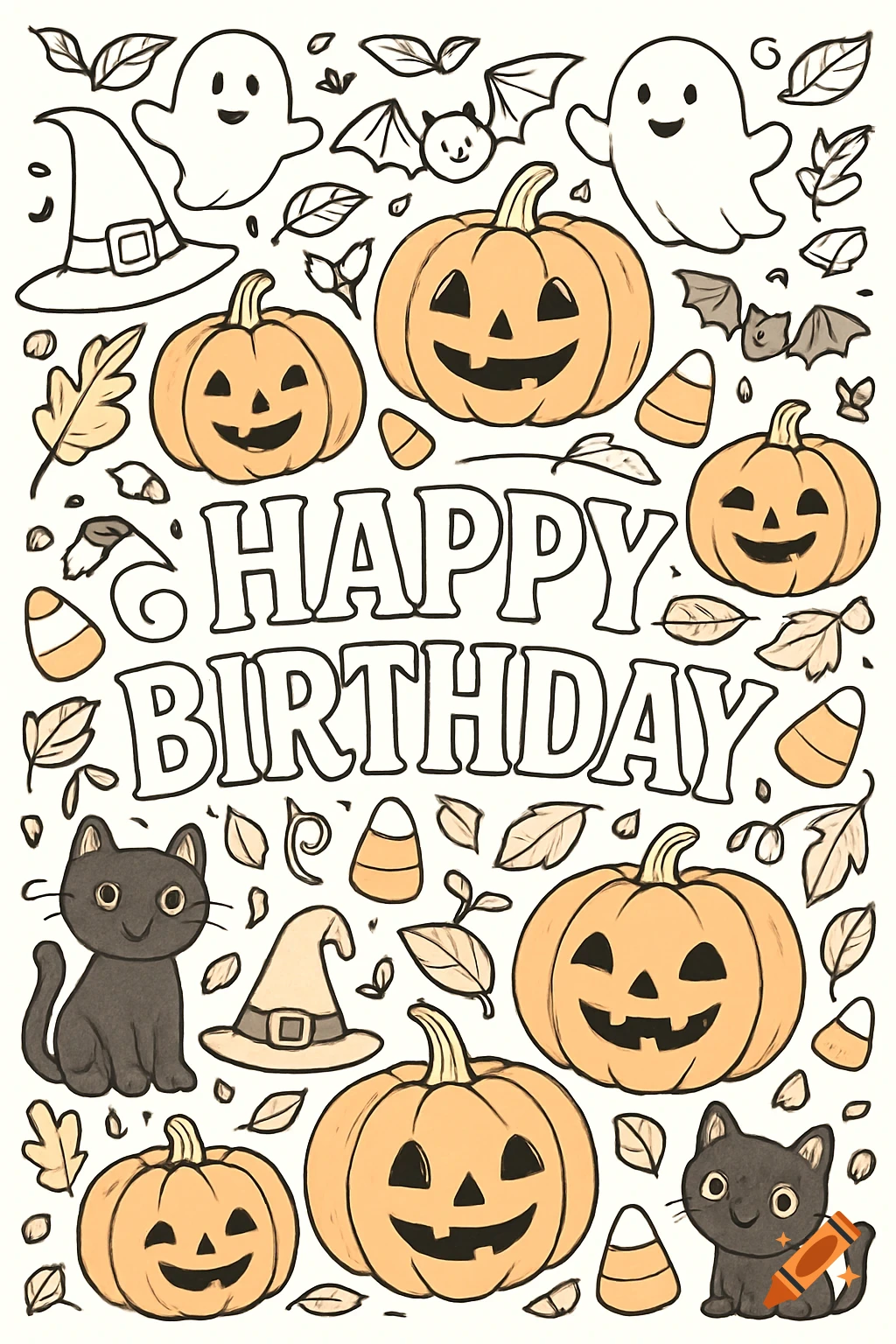 A cartoon coloring page featuring "HAPPY BIRTHDAY" text surrounded by jack-o'-lanterns, ghosts, bats, candy corn, black cats, and autumn leaves.