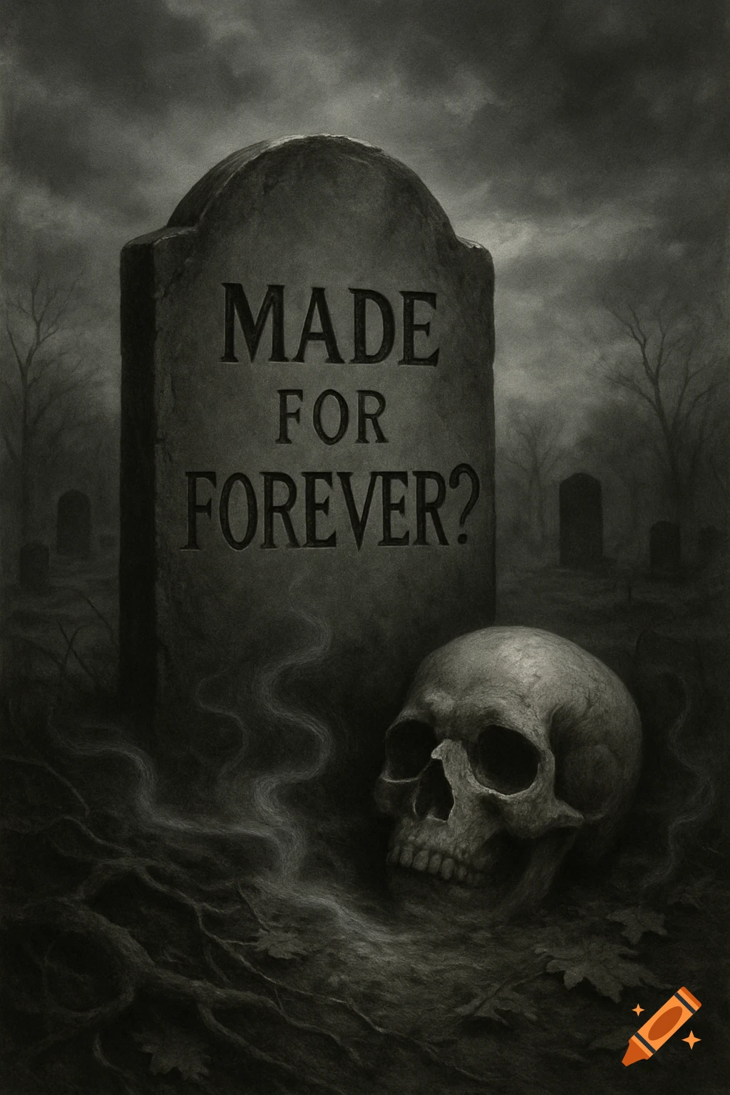 A charcoal drawing of a gloomy cemetery scene with a gravestone reading 'MADE FOR FOREVER?' and a skull at its base.
