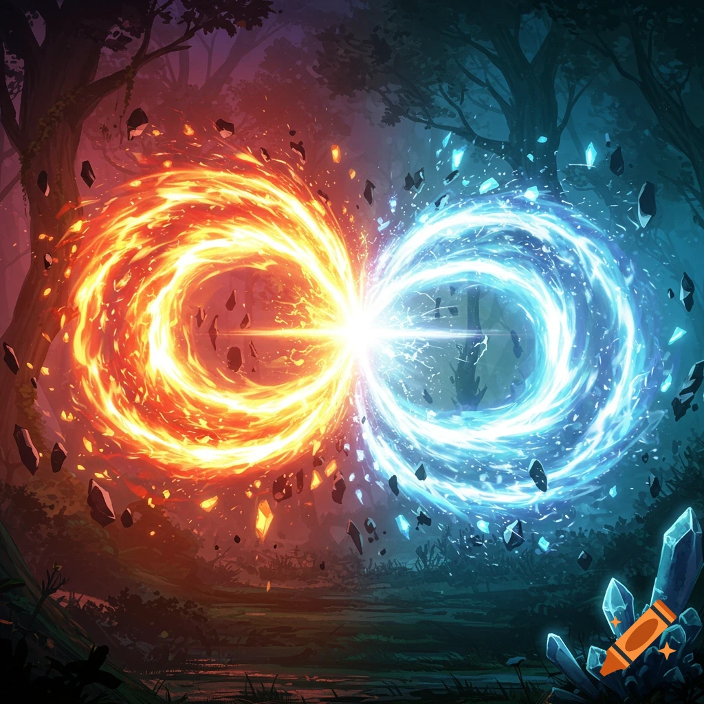 Vibrant digital art showing red fire and blue ice energy spirals clashing in a dark, mystical forest.