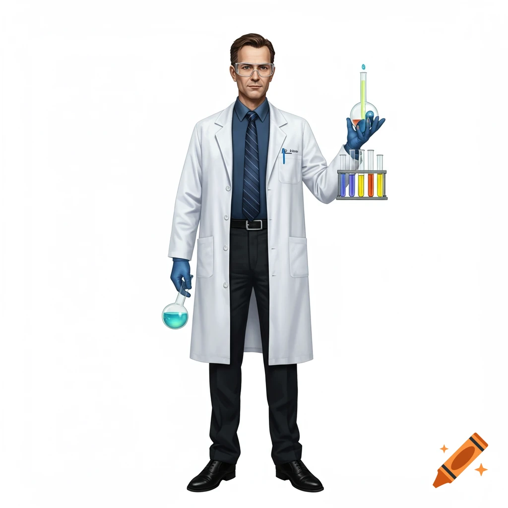 A photorealistic male scientist in a white lab coat, blue gloves, and safety glasses holds a beaker and test tubes.