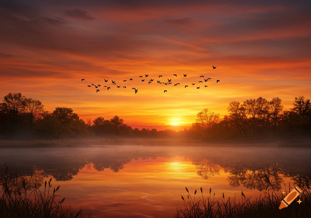 A flock of birds flies over an autumn lake at sunset, reflecting warm orange and yellow light on the water with silhouetted trees.