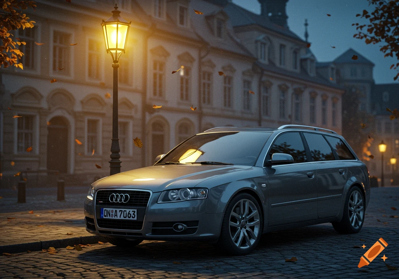 Photorealistic image of a gray Audi A4 Avant station wagon parked on a cobblestone street at dusk, with a glowing street lamp and falling autumn leaves.
