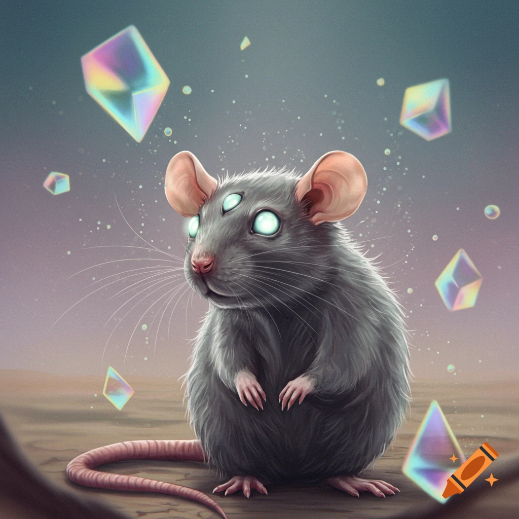 A gray rat with three glowing white eyes sits surrounded by floating, colorful, iridescent crystals in a fantasy art style.
