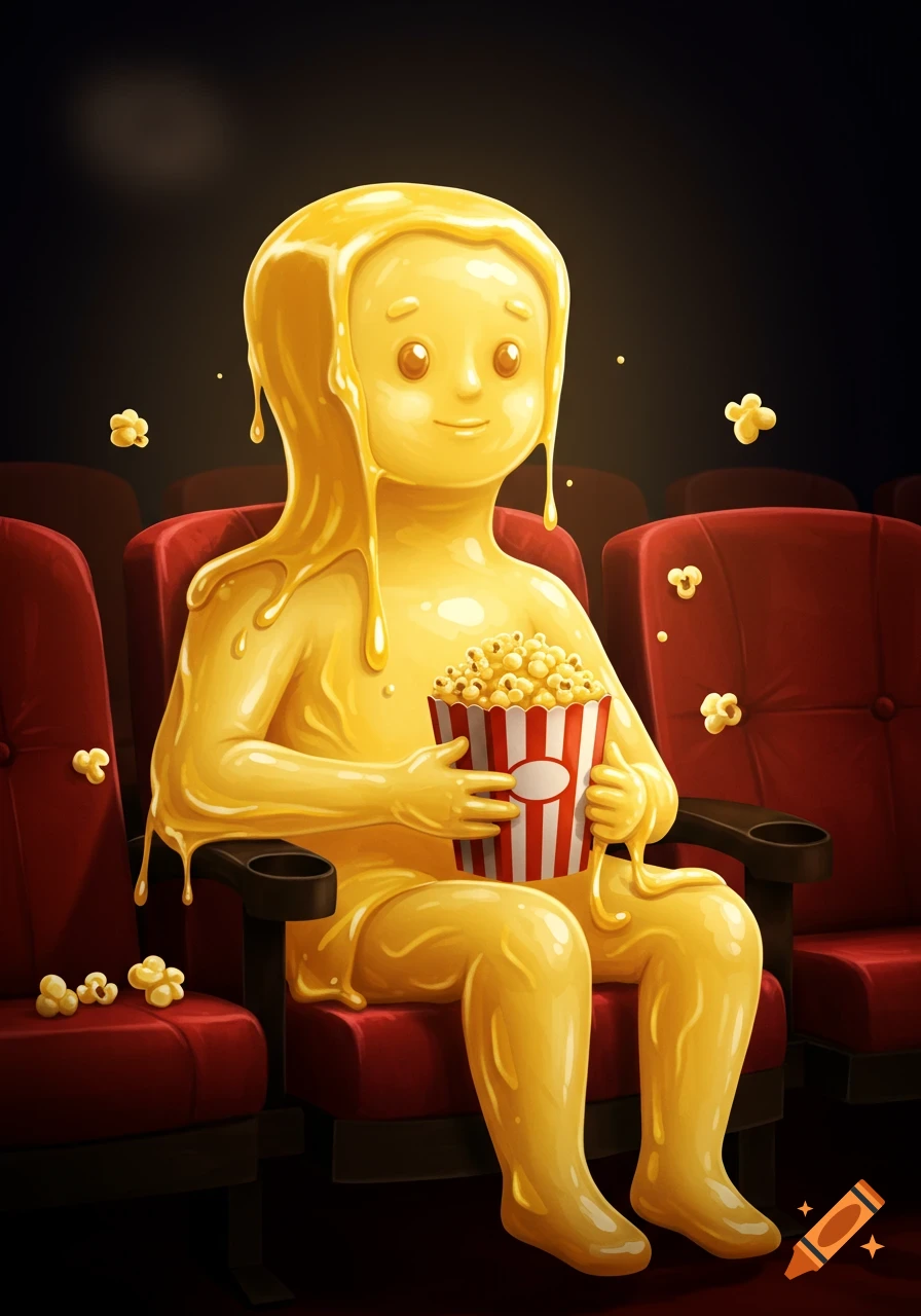 A cartoonish person made of dripping butter sits in a movie theater seat, eating popcorn from a red and white striped bucket.