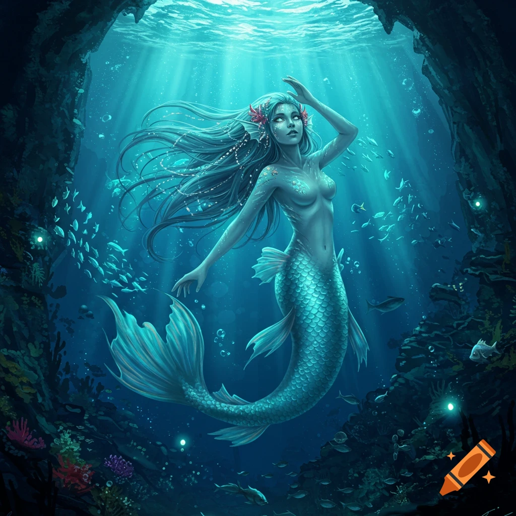 A beautiful mermaid with flowing blue hair and a shimmering teal tail swims in a deep blue underwater cave, surrounded by fish and glowing life.