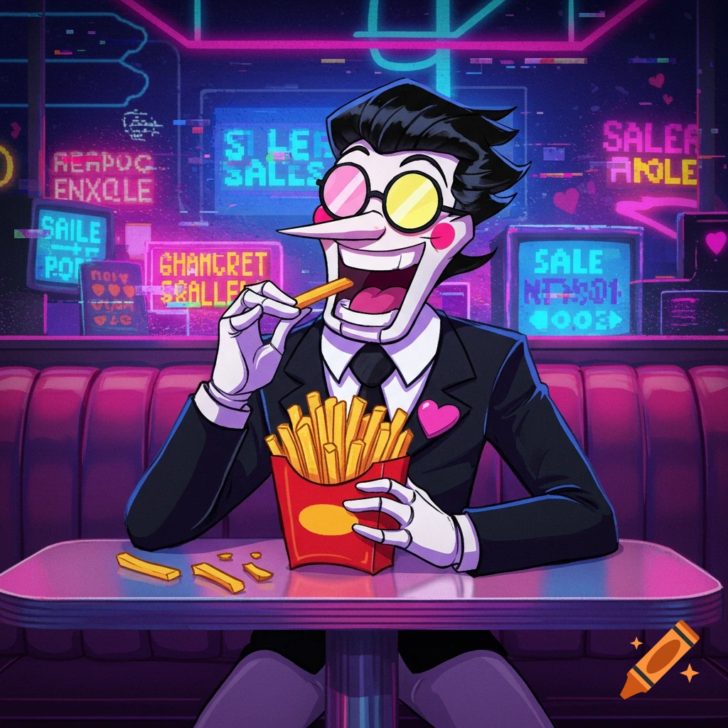 Spamton G. Spamton happily eats french fries from a red carton in a vibrant neon-lit retro diner booth in a cartoon style.