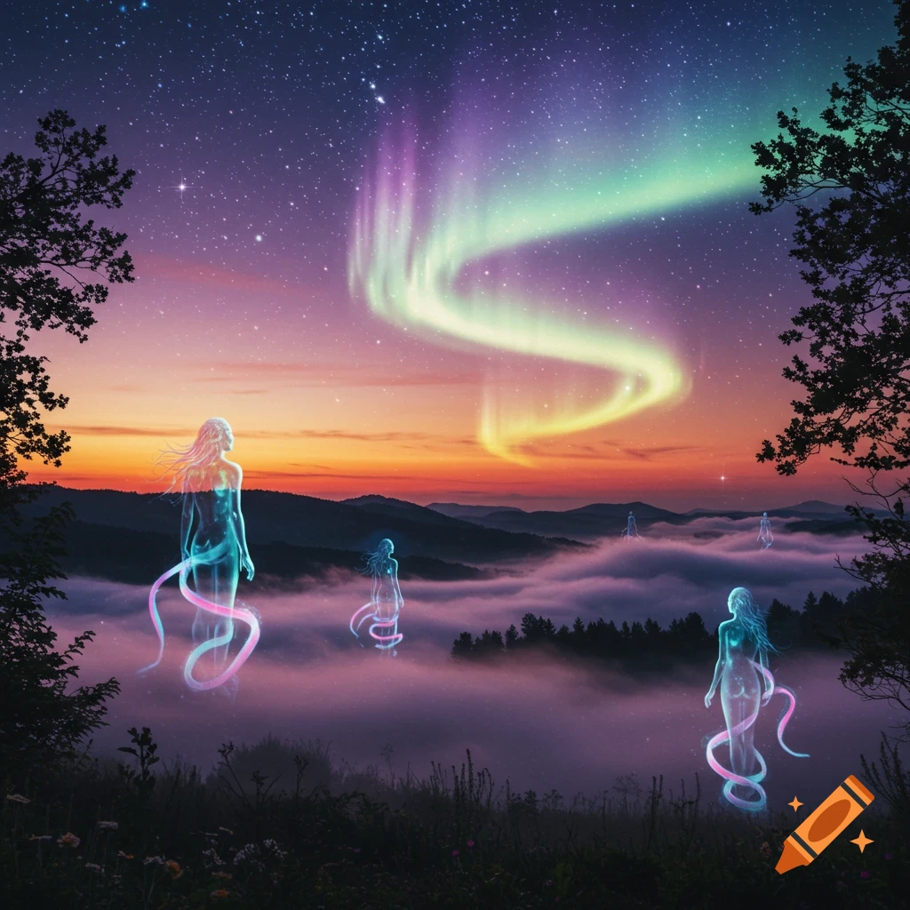 Ethereal glowing female figures float above a misty mountain landscape under a vibrant aurora borealis at twilight.
