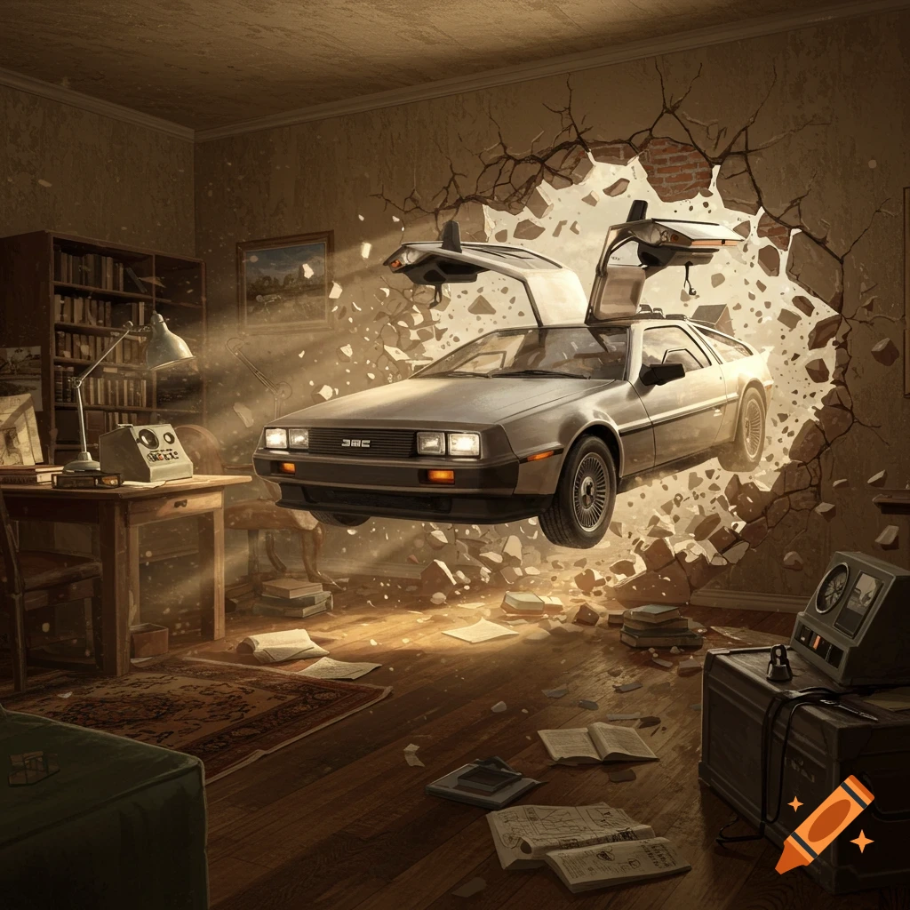 A silver DeLorean car bursts through a crumbling wall into a dusty, lamp-lit study room, scattering debris and papers.
