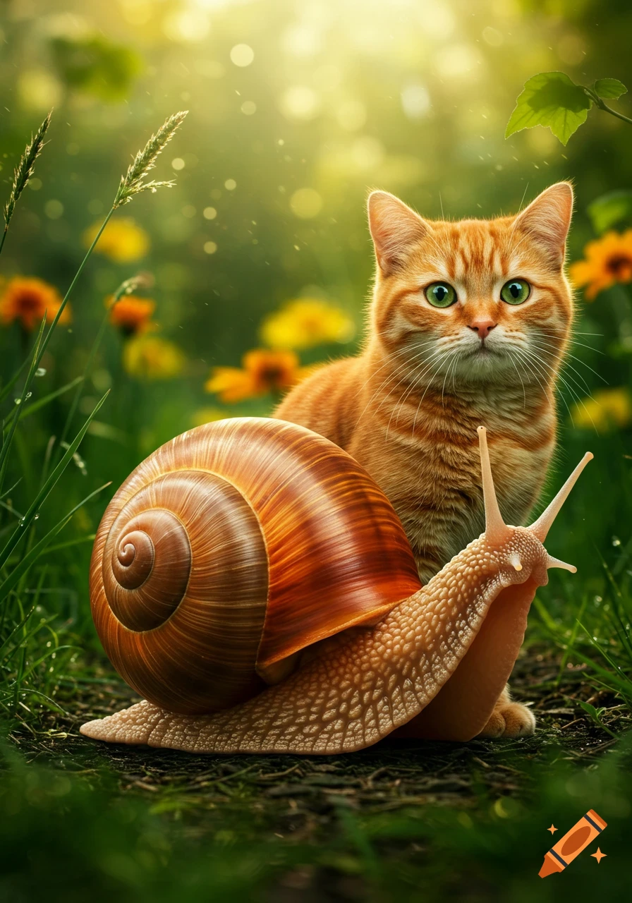 An orange tabby cat with green eyes sits behind a large snail in a sunlit garden with grass and yellow flowers.