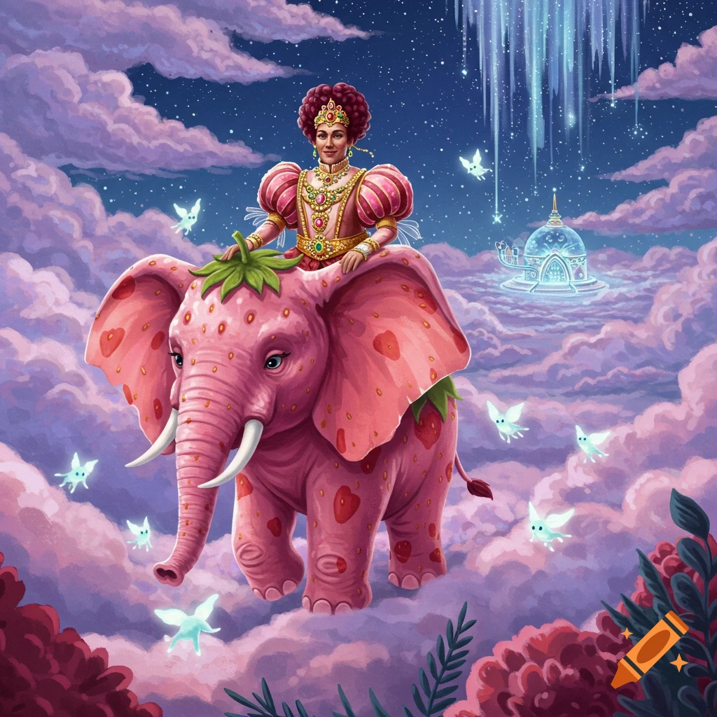 A regal person rides a pink strawberry elephant through a sky filled with pink clouds, glowing butterflies, and a distant celestial structure.