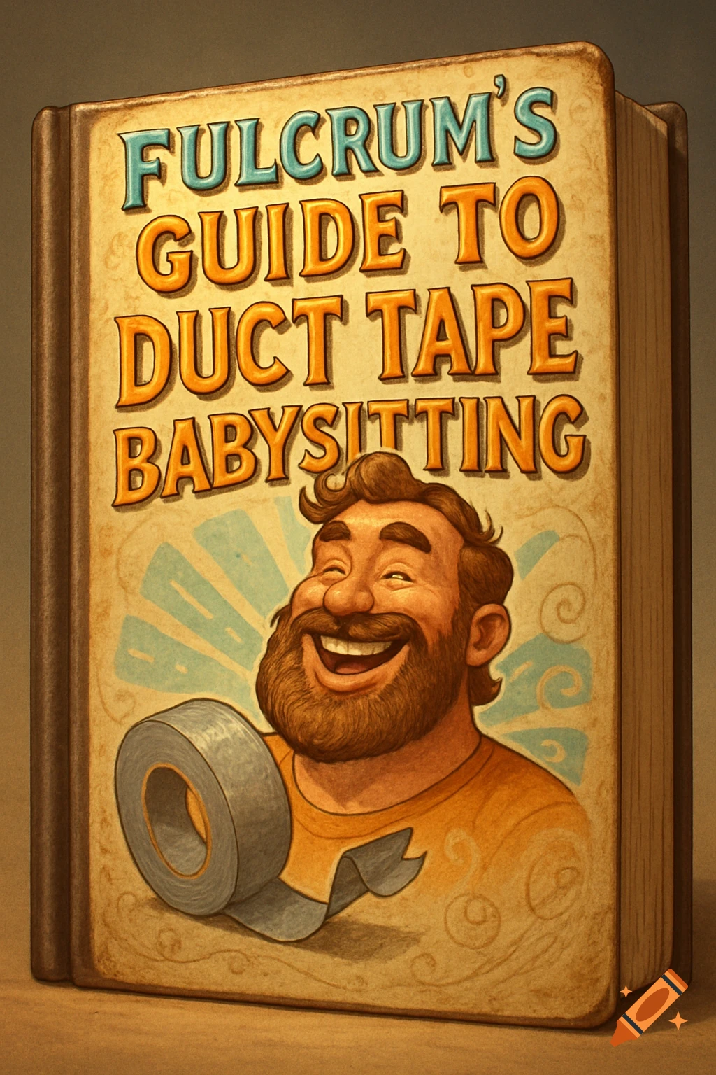 Illustrated book cover titled 'Fulcrum's Guide to Duct Tape Babysitting', showing a laughing bearded man and a roll of duct tape.