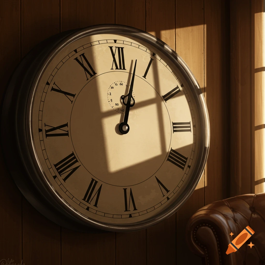 Close-up of a large analog clock with Roman numerals on a wooden wall, illuminated by sunlight streaming through a window.