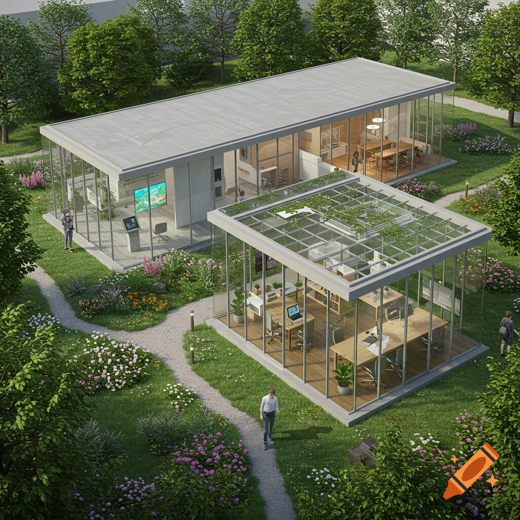 Aerial view of two modern glass pavilions in a lush garden with walking paths and colorful flowers, with people present.