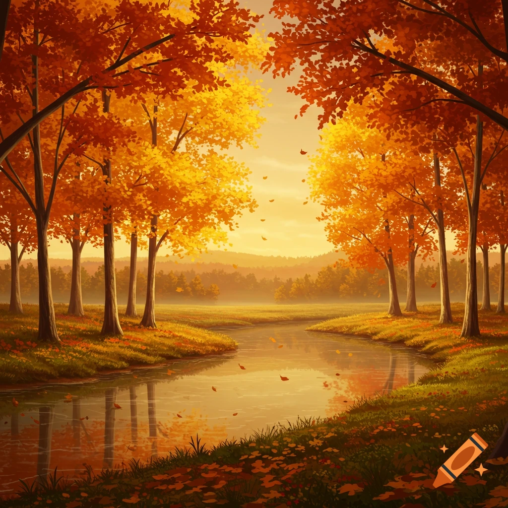 Stylized autumn landscape with a winding river surrounded by trees with vibrant orange and yellow leaves under a warm, glowing sky.