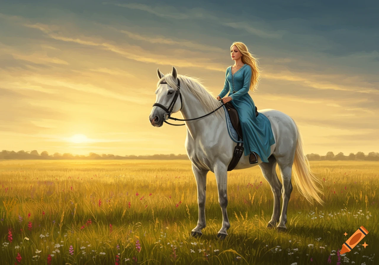 A blonde woman in a blue dress rides a white horse through a golden field with wildflowers under a sunset sky.