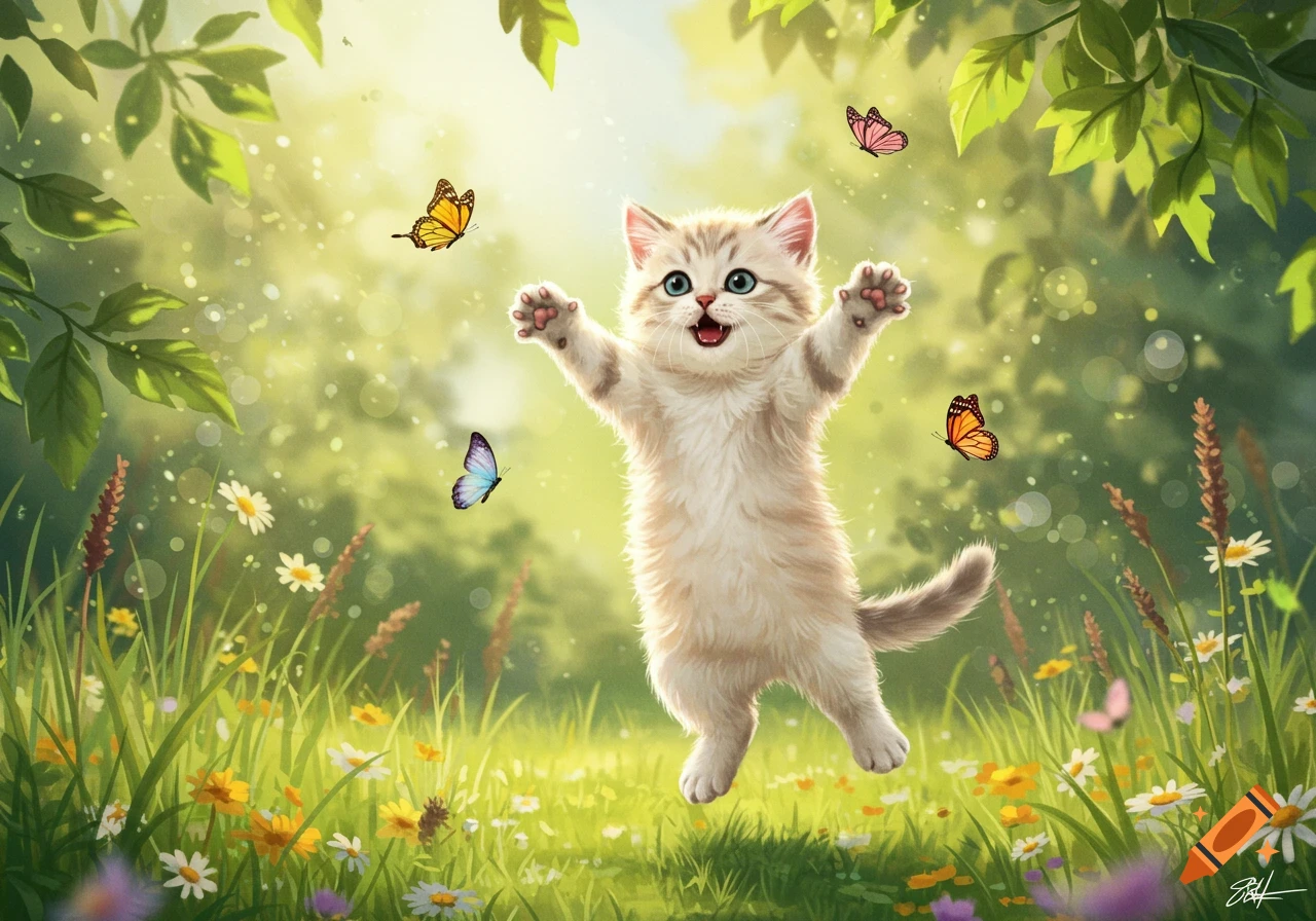 Fluffy kitten jumps excitedly in a sunny meadow with colorful butterflies and wildflowers.