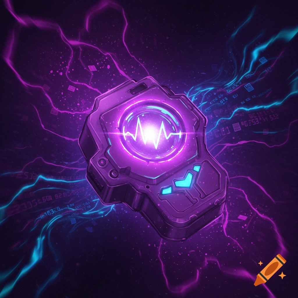 A glowing purple futuristic device with a pulsing heartbeat symbol, surrounded by purple and blue energy and abstract data patterns.