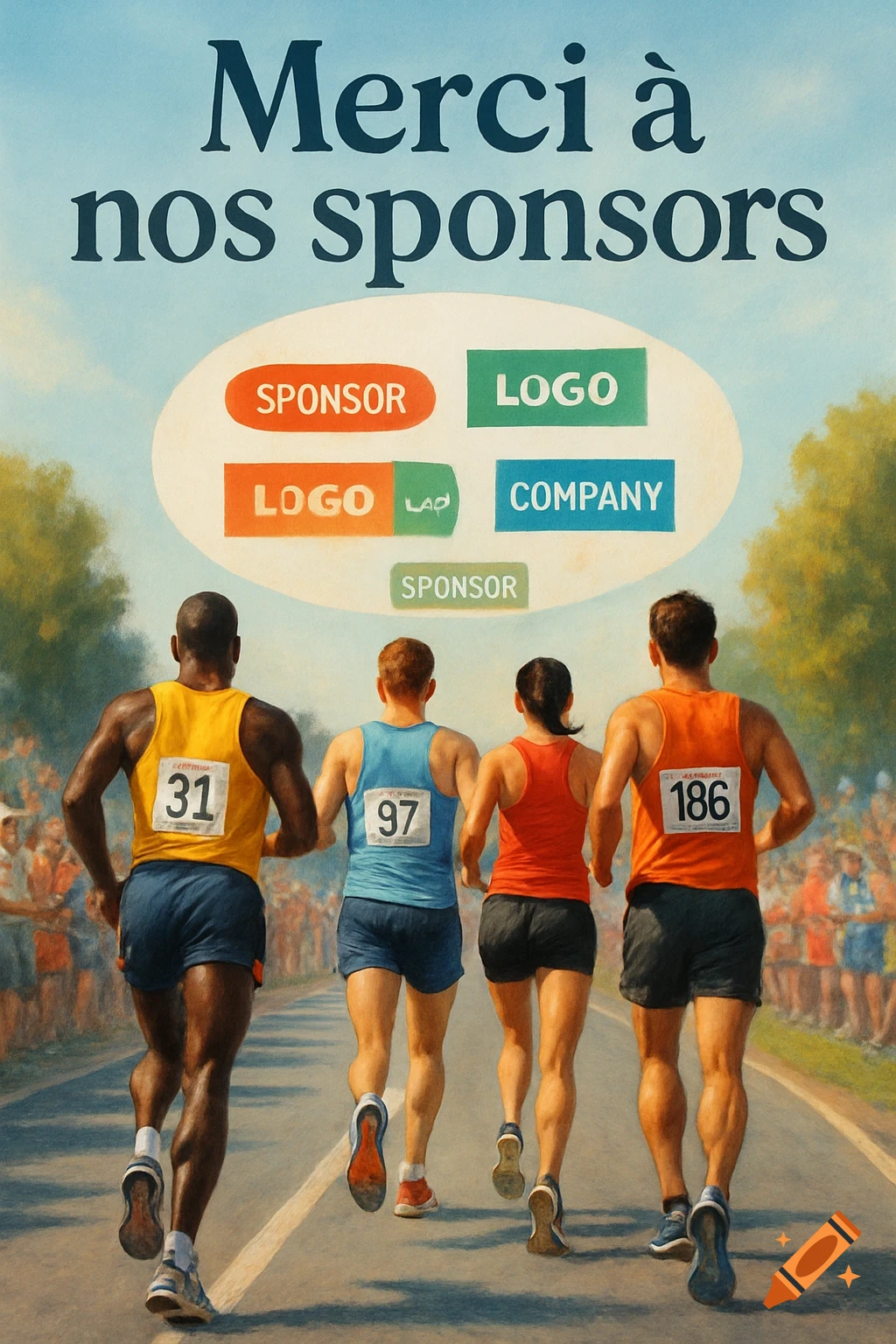 Four runners from behind on a road race, with a banner above saying 'Merci à nos sponsors' and generic sponsor logos. Illustration.