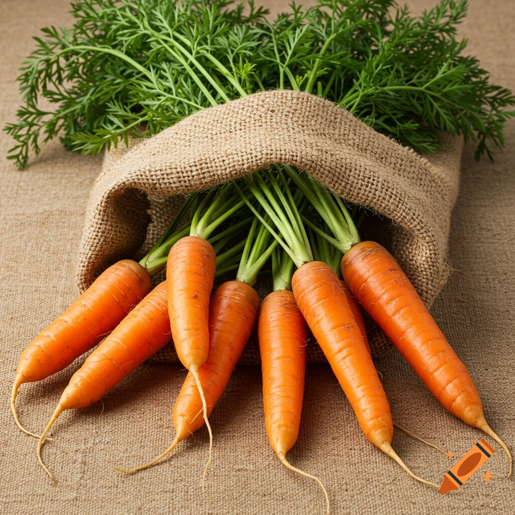 Eight fresh carrots with green tops spilling out of a burlap sack on a rustic surface.