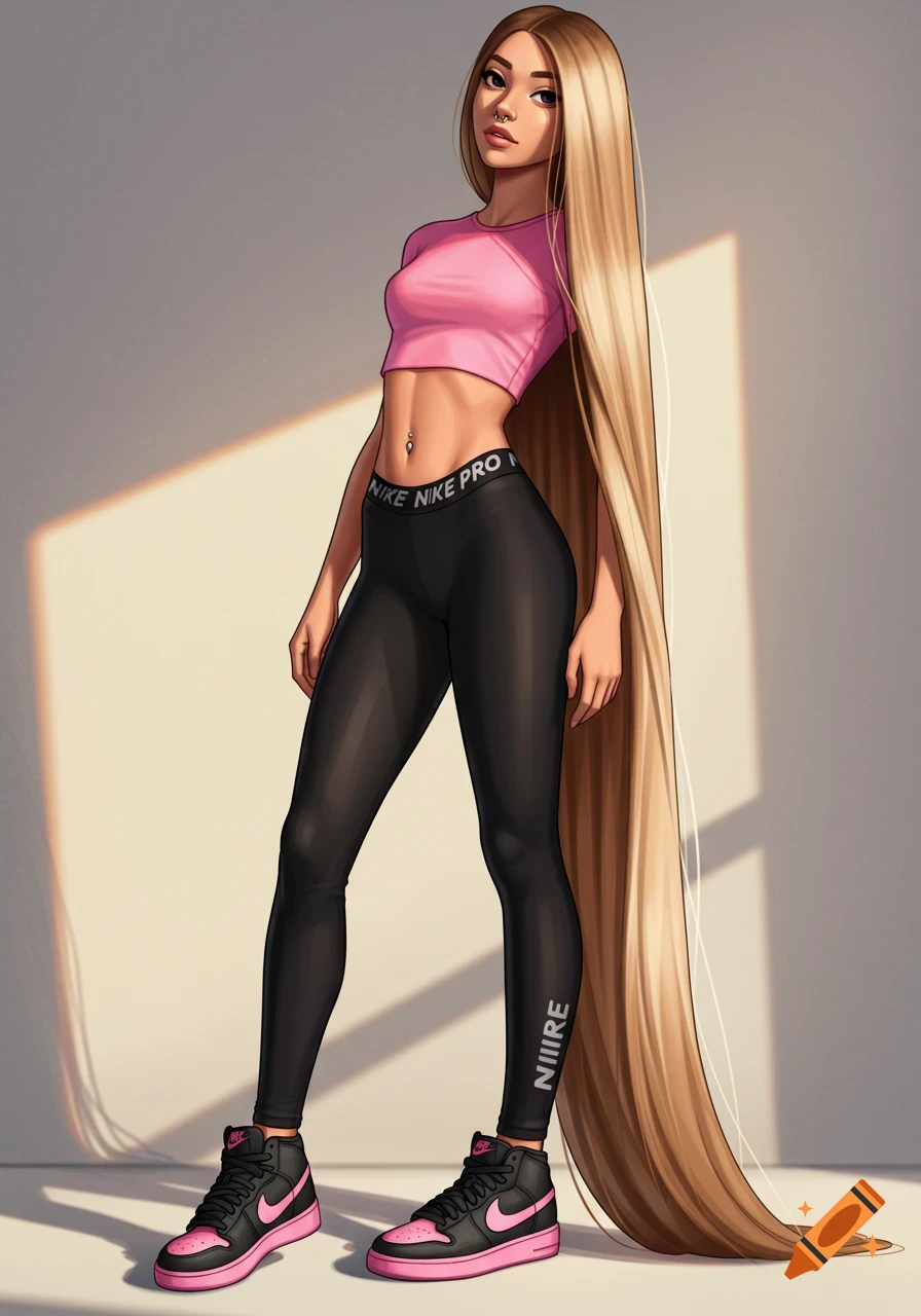 Digital illustration of a trendy girl with very long light brown hair, wearing a pink crop top and black leggings with black and pink sneakers. She has a septum ring and a belly ring.