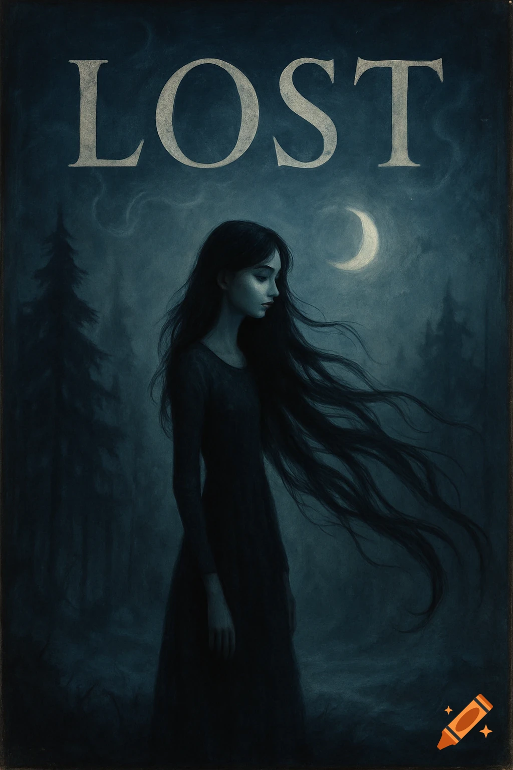 Illustration of a somber girl with long black hair standing in a dark, misty forest under a crescent moon, with 'LOST' above her.