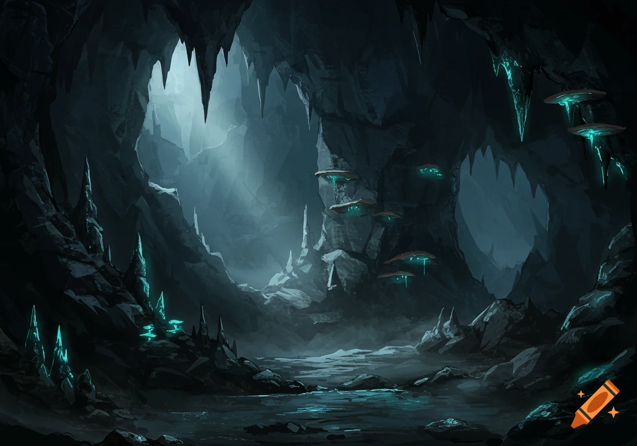 A dark fantasy cave with glowing turquoise crystals, mushroom-like formations, and a reflective stream.