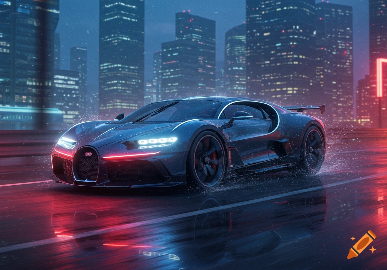 Photorealistic Bugatti Bolide speeding on a wet city street at night, with neon lights reflecting on the dark pavement.