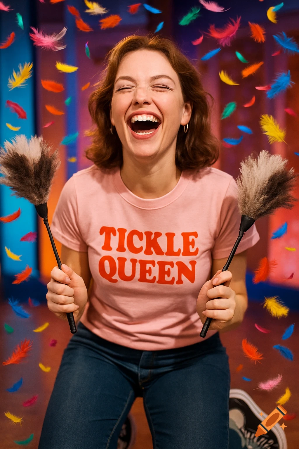 A laughing woman in a 'Tickle Queen' t-shirt holds feather dusters while colorful feathers fall around her. Photorealistic.