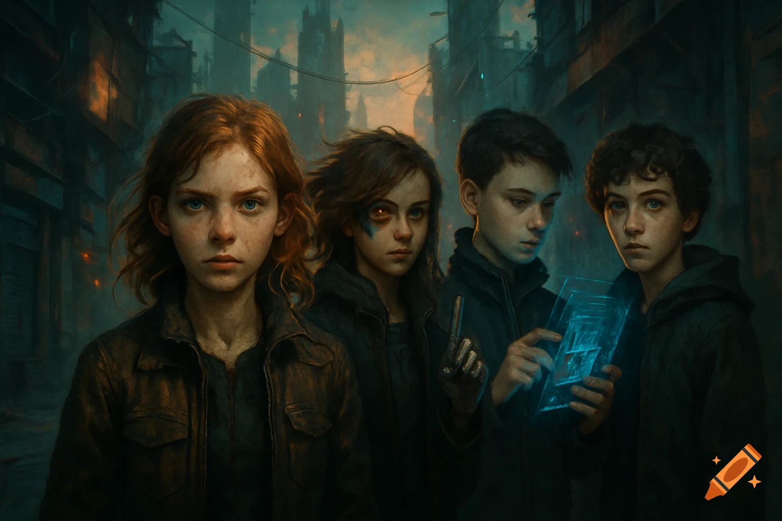 Four teens in a dark, dystopian cityscape. A girl with red-brown hair looks forward, another girl has a glowing orange eye and metallic glove. Two boys, one holding a glowing blue holographic device, also look on. Digital art style.