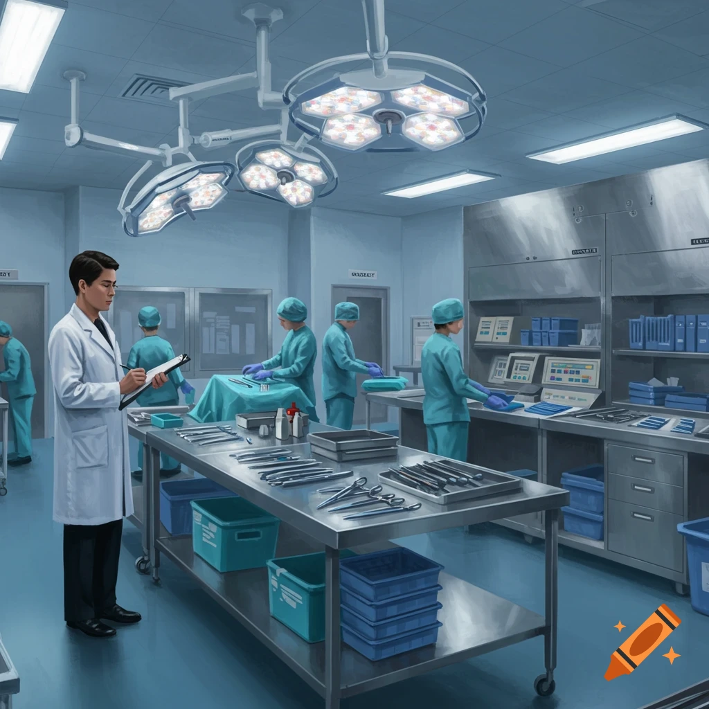 An illustration of medical staff in a sterile processing department, with one doctor in a white coat observing others handling instruments.