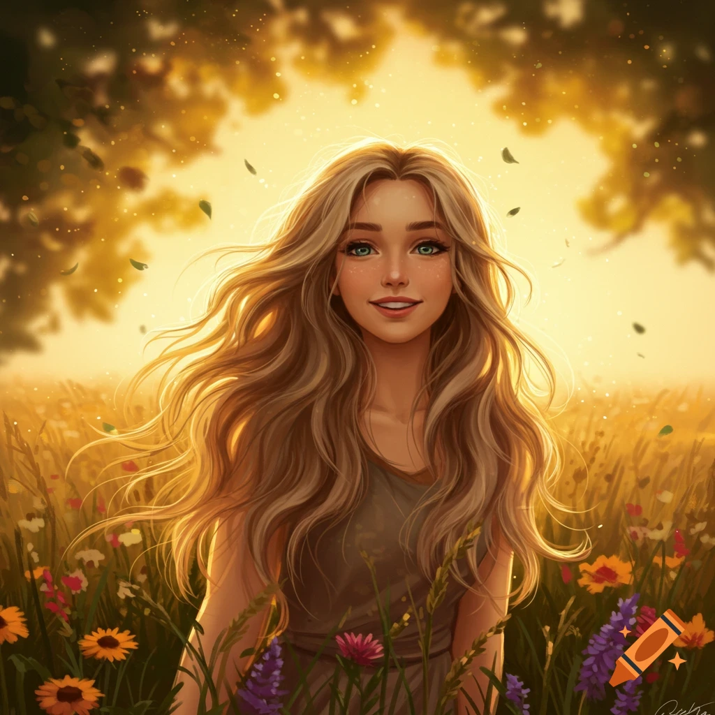 Digital art portrait of a smiling woman with long blonde hair, standing in a sunny wildflower field.