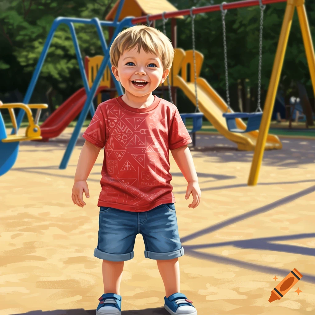 A smiling young boy in a red patterned t-shirt and blue shorts stands in a sunny playground with swings and a slide.