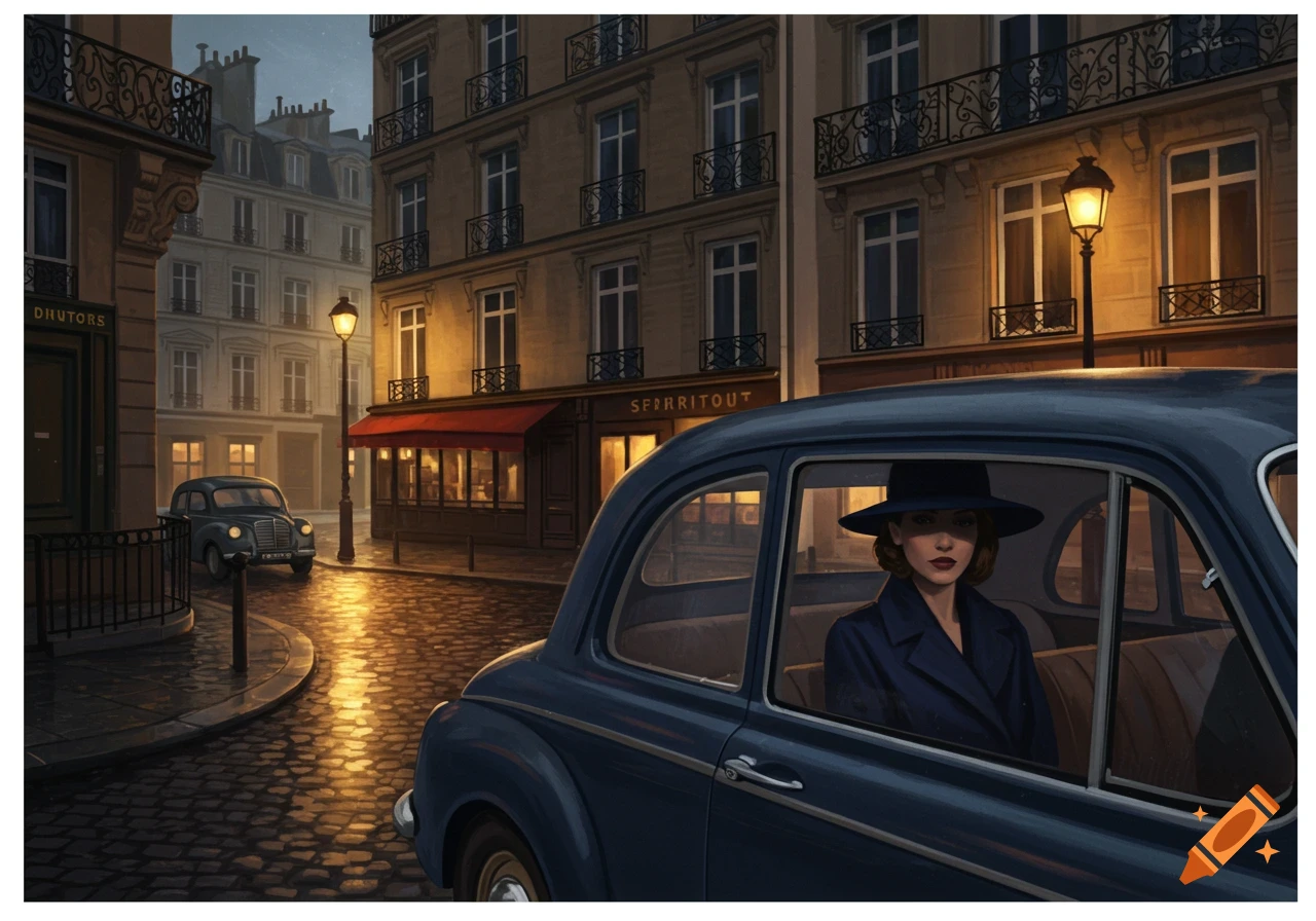 An illustration of a woman in a felt hat and navy coat sitting in a car on a cobblestone street in 1950s Paris at dusk.