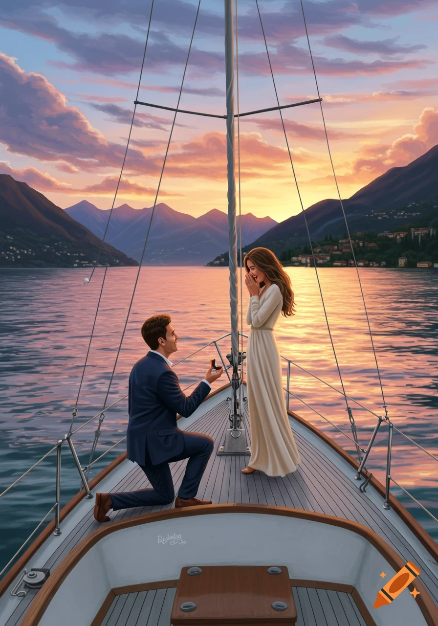 Illustrated scene of a man proposing to a woman on a sailboat at sunset on a scenic lake with mountains.