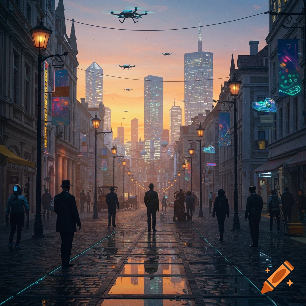 A bustling futuristic city street at dusk, with drones flying over classic buildings and modern skyscrapers. People walk on a wet, glowing cobblestone street reflecting the orange sky.