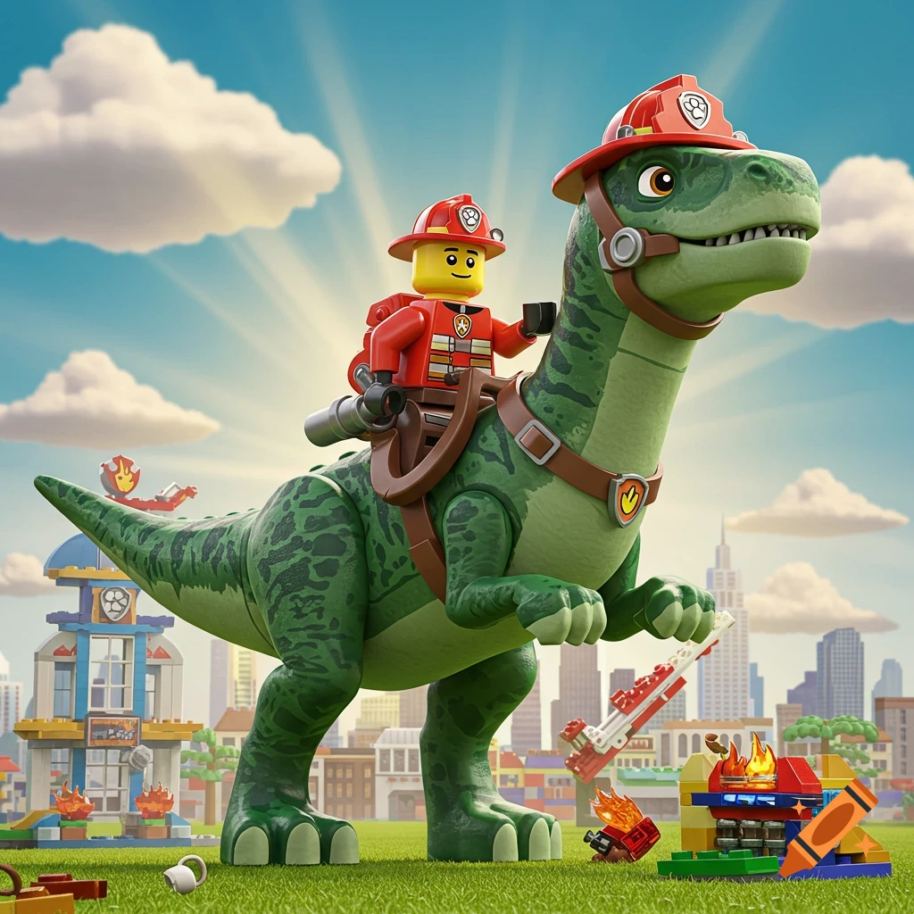 A Lego firefighter minifigure rides a large green dinosaur, both wearing red firefighter helmets with Paw Patrol paw print logos. They are in a Lego city landscape with buildings, some on fire, against a bright blue sky with clouds and sun rays.