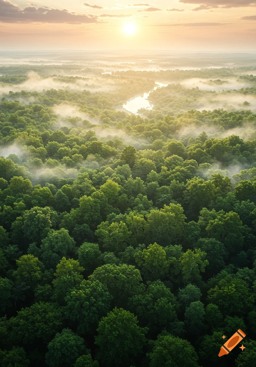 Aerial view of a misty green forest at sunrise with a winding river.