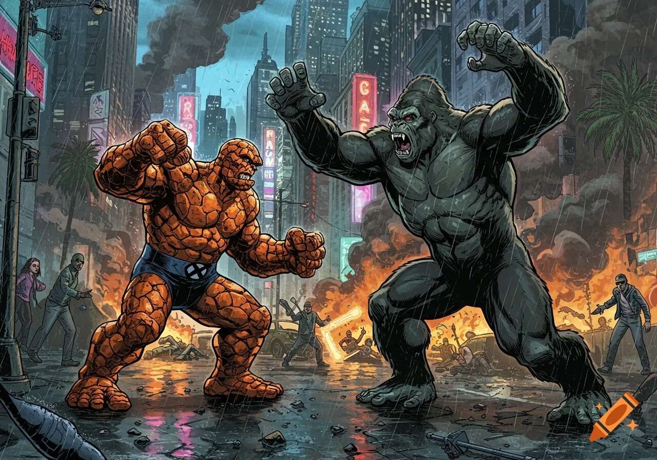 Comic art of The Thing fighting a large gorilla-like monster on a rainy, damaged city street at night.